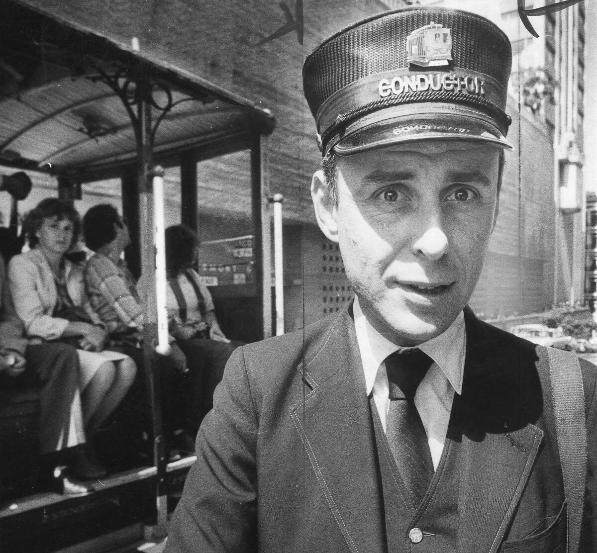 Muni Cable Car conductor Richard Morley, pictured on Sept. 14, 1982. Morley got in hot water with Muni for breaking the rules and making his own vintage uniform.
