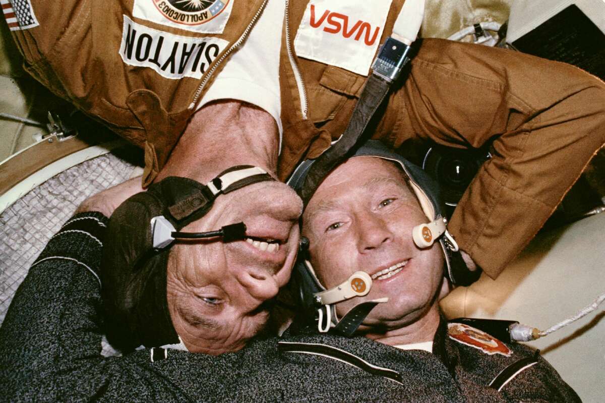 Astronaut Donald “Deke” Slayton and Cosmonaut Aleksey A. Leonov in the Soyuz orbital module in July 1975 during the joint U.S.-USSR Apollo-Soyuz Test Project docking in Earth’s orbit mission.