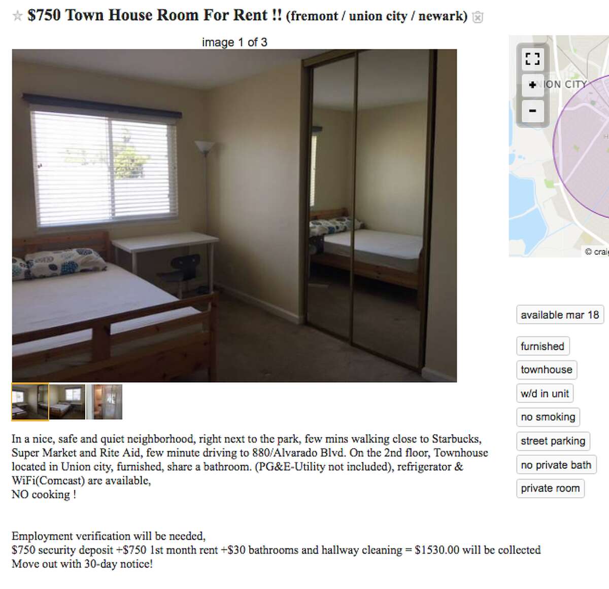 1,790 a month and 'no cooking' allowed to renting in the Bay Area