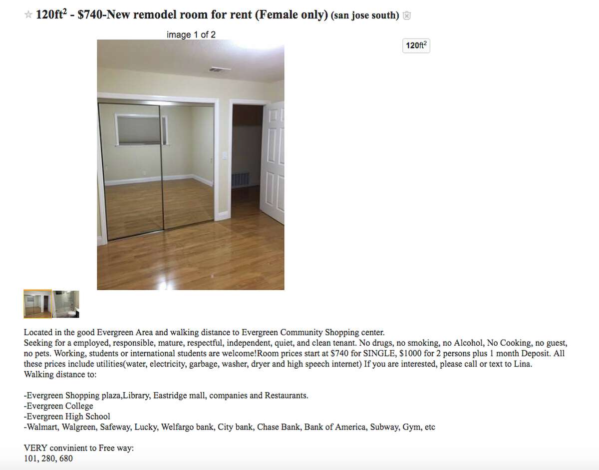 1,790 a month and 'no cooking' allowed to renting in the Bay Area