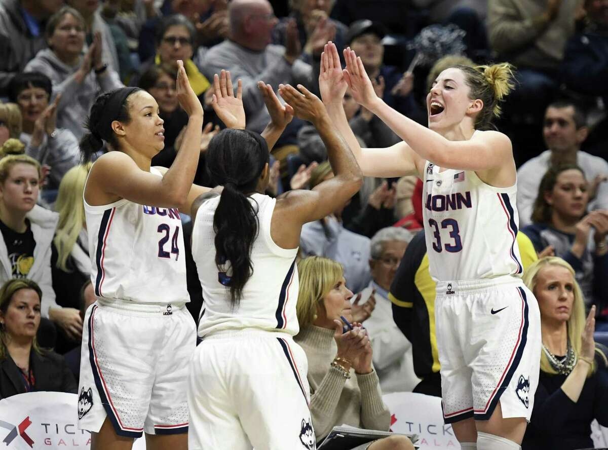 Napheesa Collier (24), Crystal Dangerfield (5), Katie Lou Samuelson (33) and the rest of the UConn Huskies will find out their seed in the NCAA tournament on Monday.