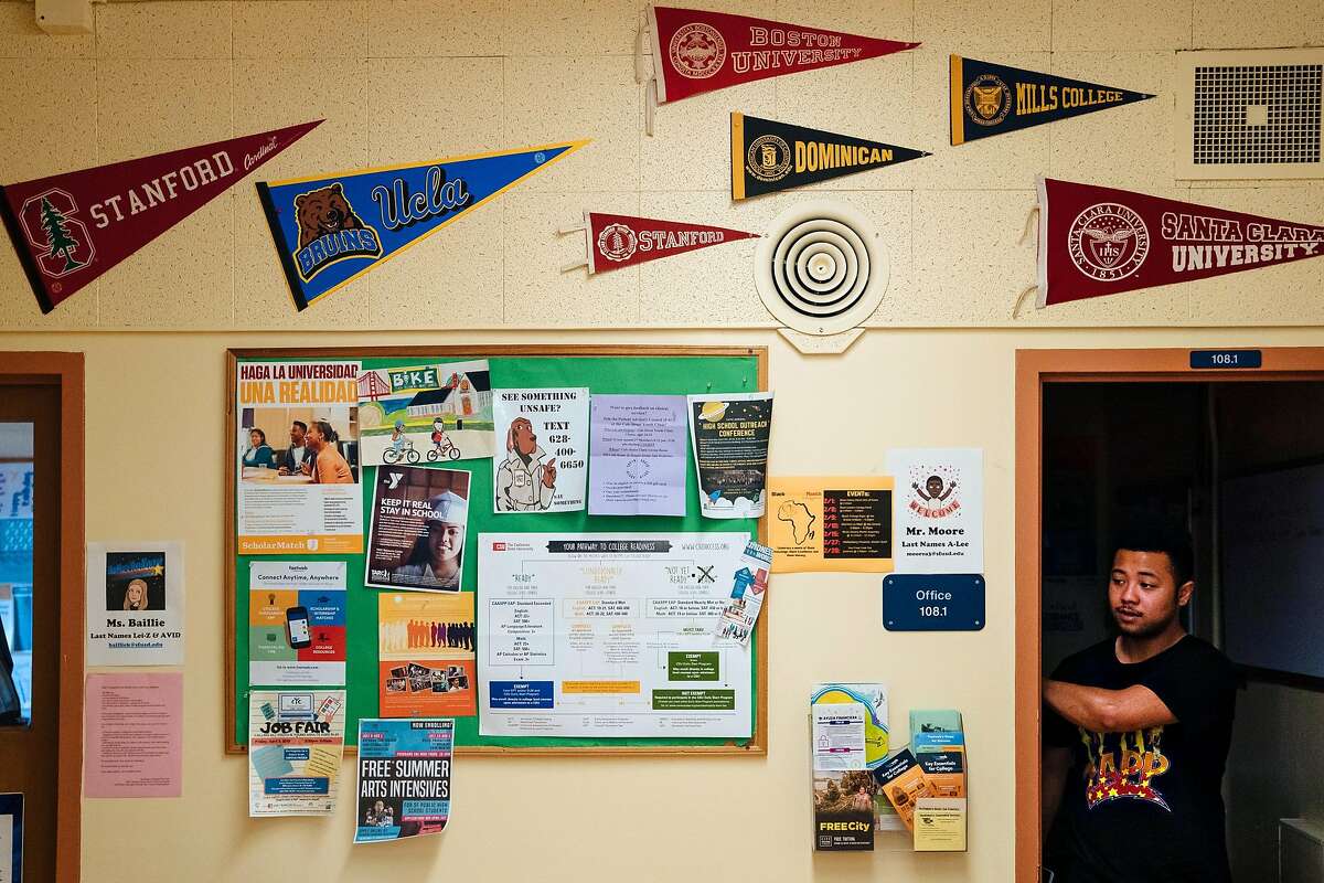 College pennants are seen along the office at the Raoul Wallenberg Traditional High School in San Francisco, Calif., on Friday, March 15, 2019.