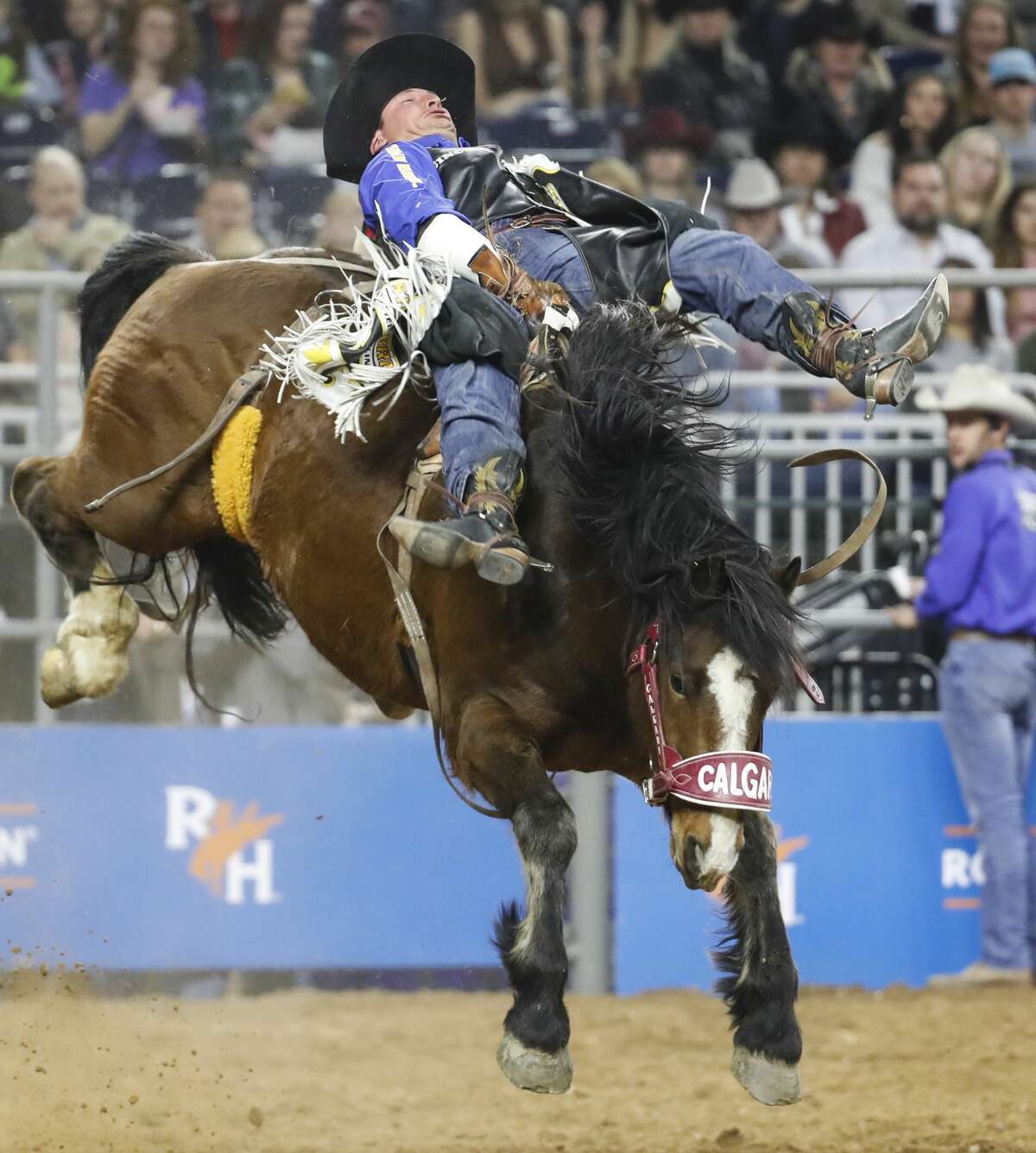 Jake Vold rides Welcome Delivery to a 90 point ride in the bareback riding competition during RodeoHouston Wild Card round at NRG Stadium on Friday, March 15, 2019, in Houston.