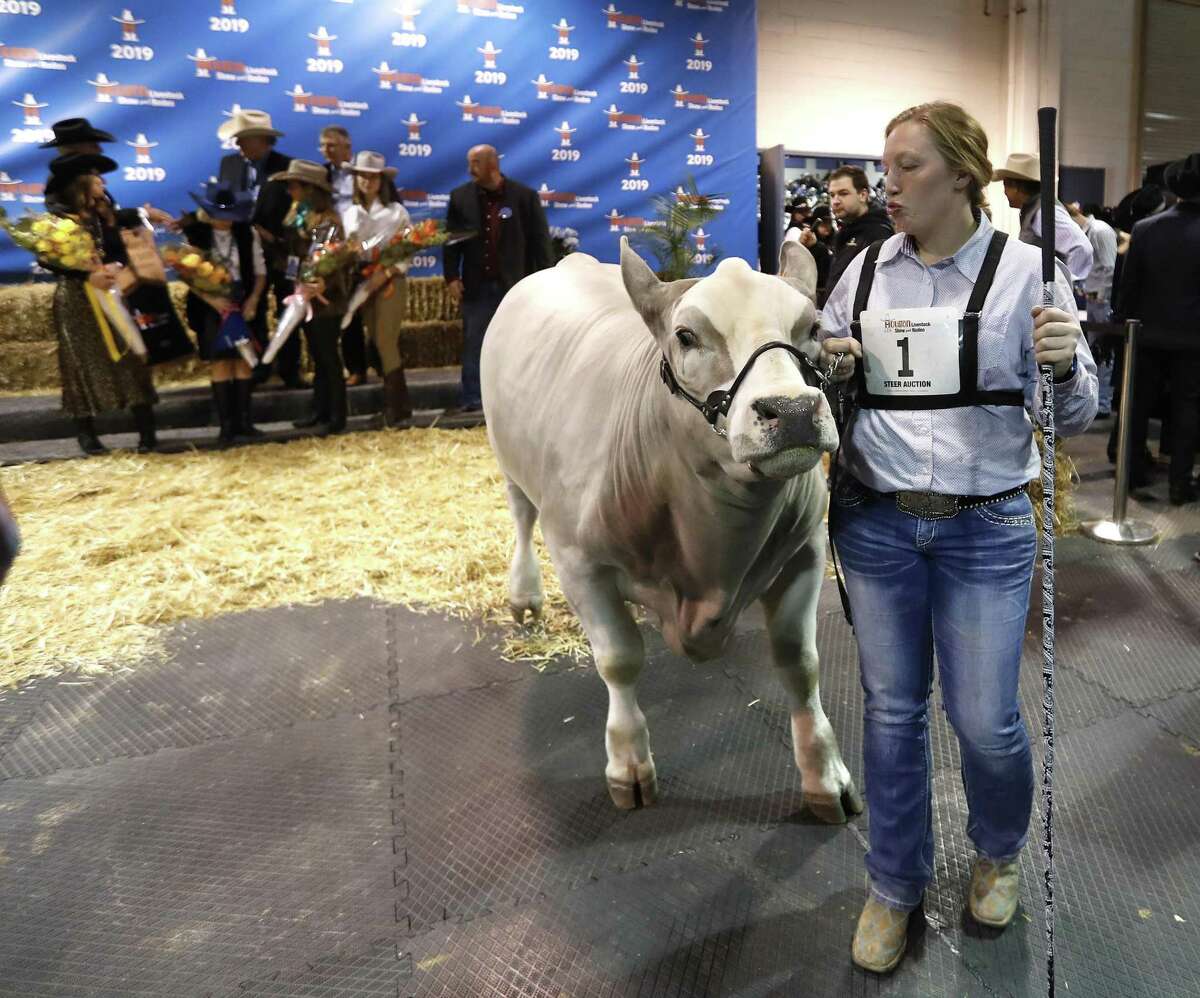 Lillyan Digby with her Grand Champion Steer Hank take the stage during the Houston Livestock Show and Rodeo's steer auction at NRG Arena, Sales Pavilion, Saturday, March 16, 2019, in Houston. Hank fetched $625,000 which is a new Rodeo Houston record.