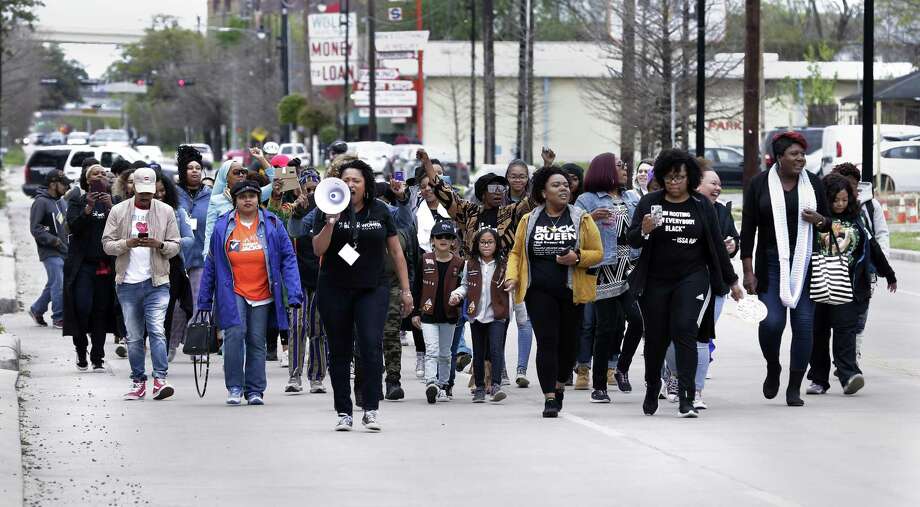 Women begin to march south along Emancipation Avenue after the speakers event during the March for Black Women Houston 2019, starting at Emancipation Park Saturday, Mar. 16, 2019 in Houston, TX. Photo: Michael Wyke, Houston Chronicle / Contributor / © 2019 Houston Chronicle