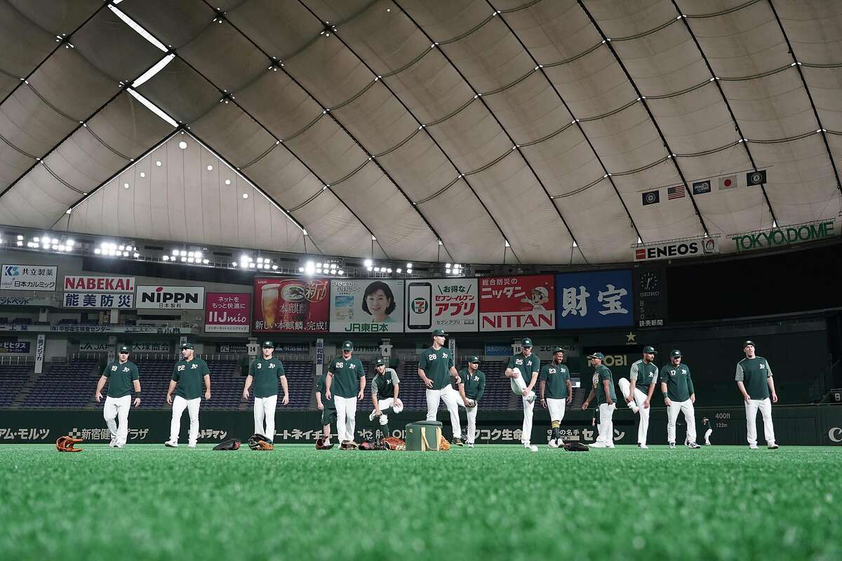 TOKYO, JAPAN - MARCH 16: Members of the Oakland Athletics warm up during the Oakland Athletics training and press conference at the Tokyo Dome on March 16, 2019 in Tokyo, Japan. (Photo by Masterpress/Getty Images)