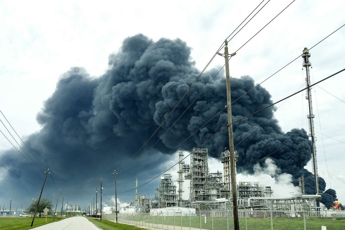 A plume of smoke from a petrochemical fire at Intercontinental Terminals Company in Deer Park has been burning since Sunday afternoon on Monday, March 18, 2019.