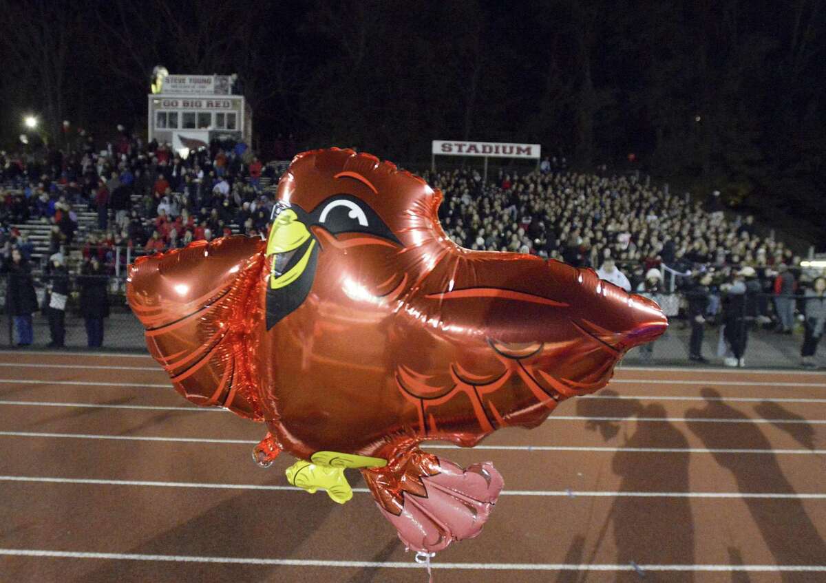 A balloon floats in the air in support of the football team during the schools Homecoming game against Fairfield Ludlowe in Cardinal Stadium on Thursday, Oct. 24, 2018 in Greenwich, Connecticut.