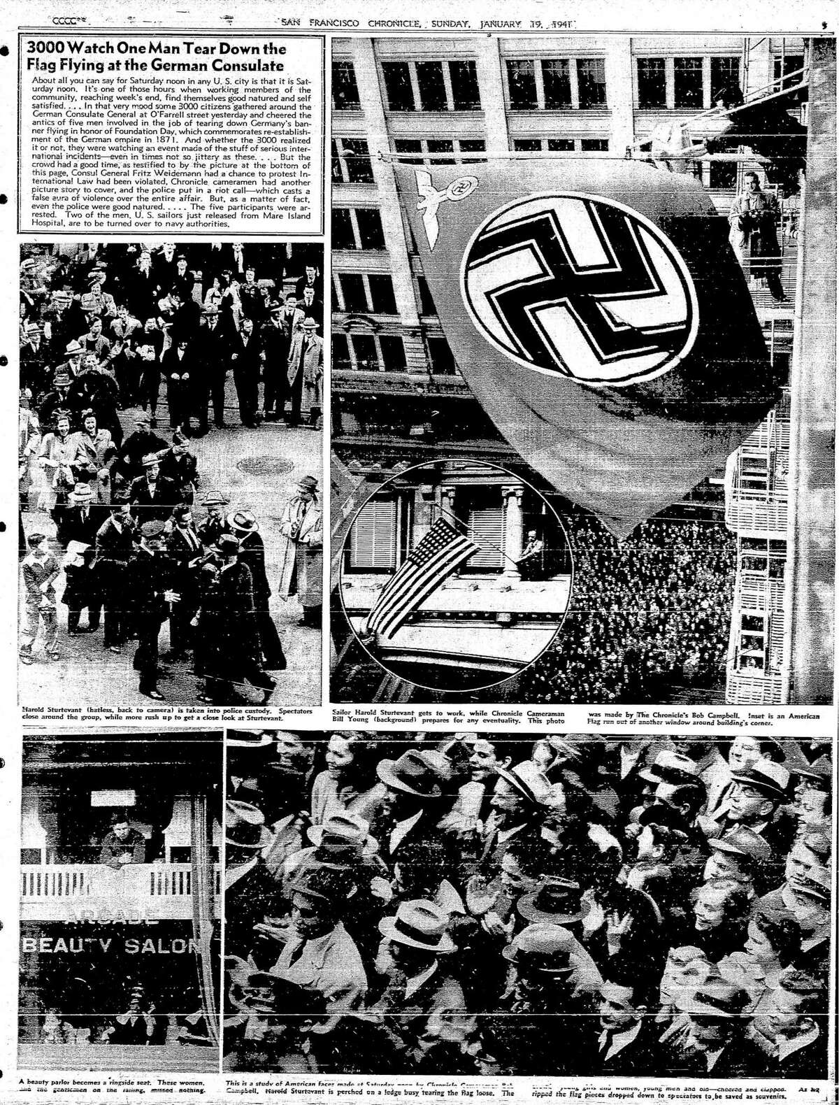 A page full of photos showed the crowd of 3,000 which would gather and cheer as Sturtevant made sure the Swastika flag hanging off the O'Farrell St. building came down, January 18, 1941