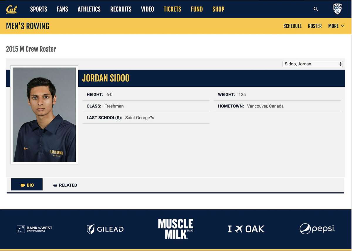 A screen capture of the UC Berkeley Men's Rowing website shows 2015 Men's Rowing Crew member Jordan Sidoo