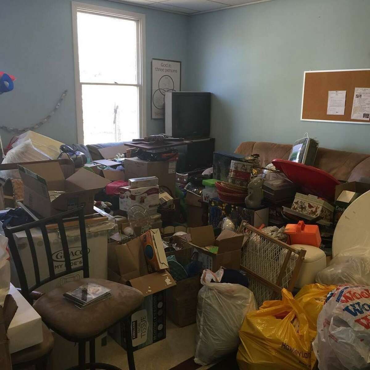 Bags of items have been collected for a charity tag sale that will take place March 24, 2019 at Monroe Congregational Church, 34 Church St., Monroe.