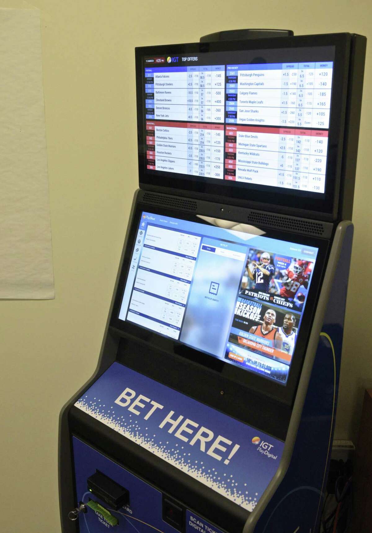 An IGT PlayDigital interactive betting terminal on display at the Connecticut Lottery head quarters. The Ct Lottery hosted an interactive educational forum to demonstrate some of the products that are available in the marketplace for online and mobile lottery and sports betting. Friday, March 15, 2019, in Rocky Hill, Conn.
