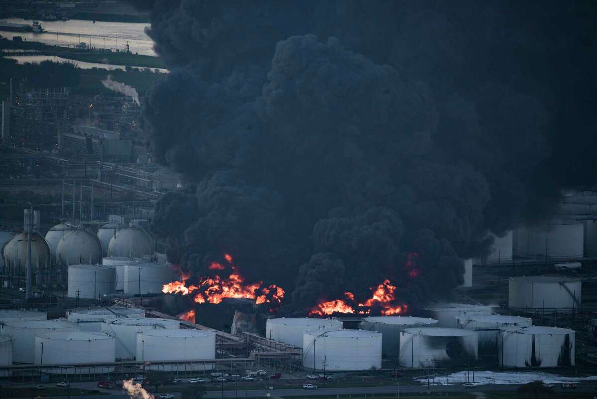 Aerial view of a petrochemical fire at a Deer Park plant on Monday, March 18, 2019, in Deer Park. The plant has been burning since Sunday morning.