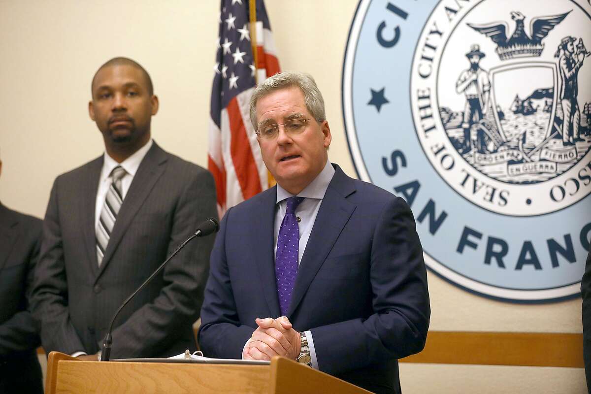City Attorney Dennis Herrera (middle) and supervisor Shamann Walton (left) today announced joint steps to curb the epidemic of youth e-cigarette use in a press conference in City Hall on Tuesday, March 19, 2019 in San Francisco, Calif.