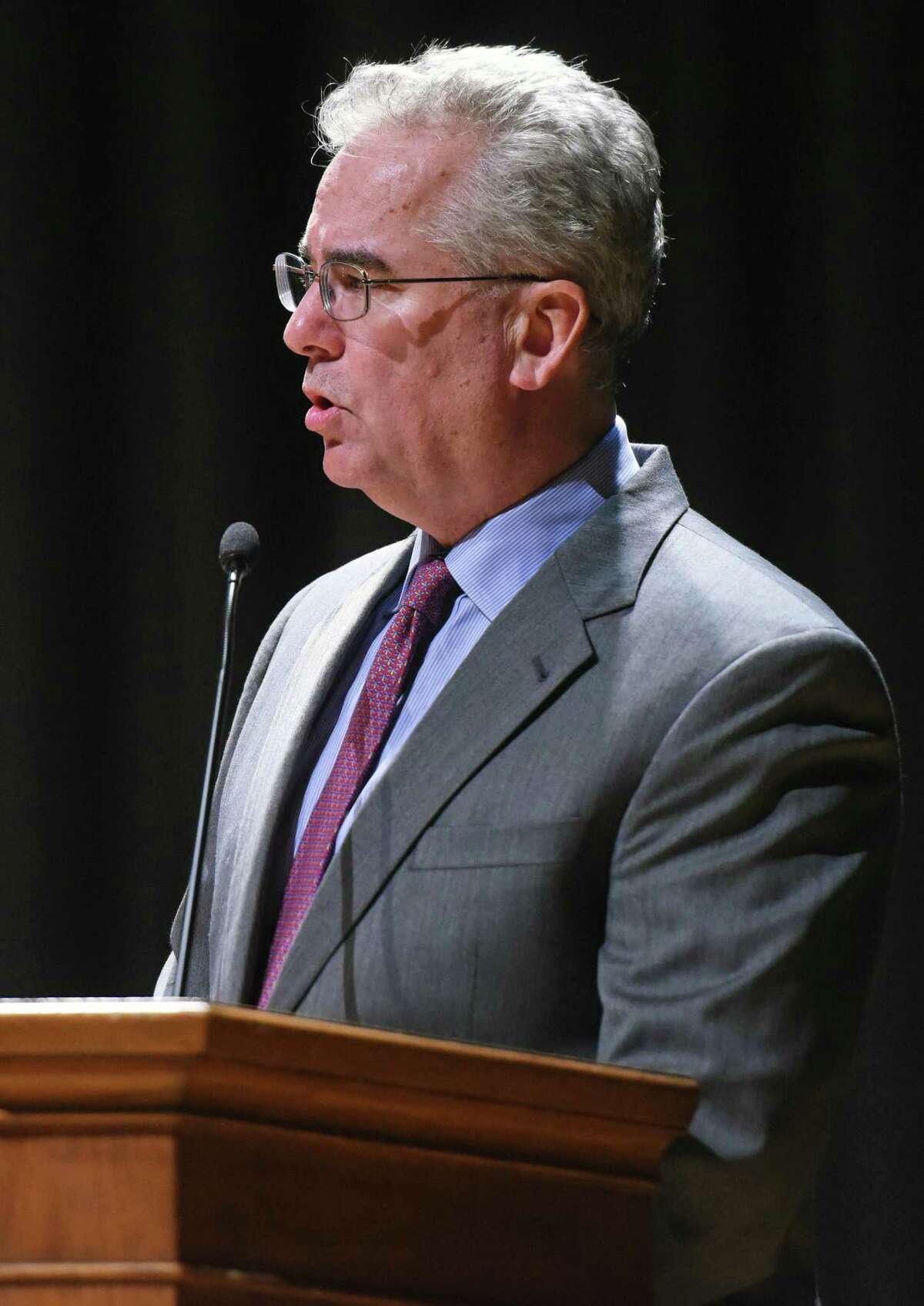 Moderator Thomas Byrne speaks during the Representative Town Meeting at Central Middle School in Greenwich, on April 13, 2015.