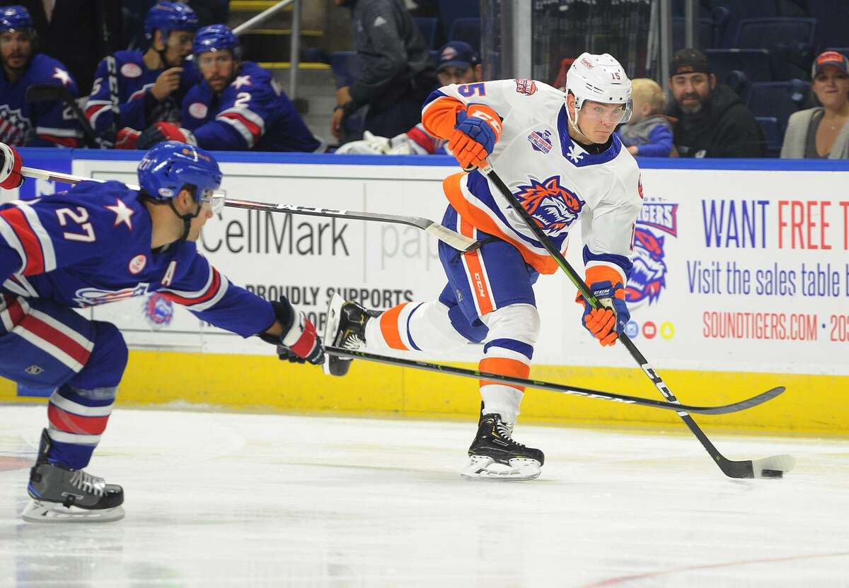 Kieffer Bellows of the Sound Tigers skates against Rochester during a game at the Webster Bank Arena in Bridgeport on Oct. 14.