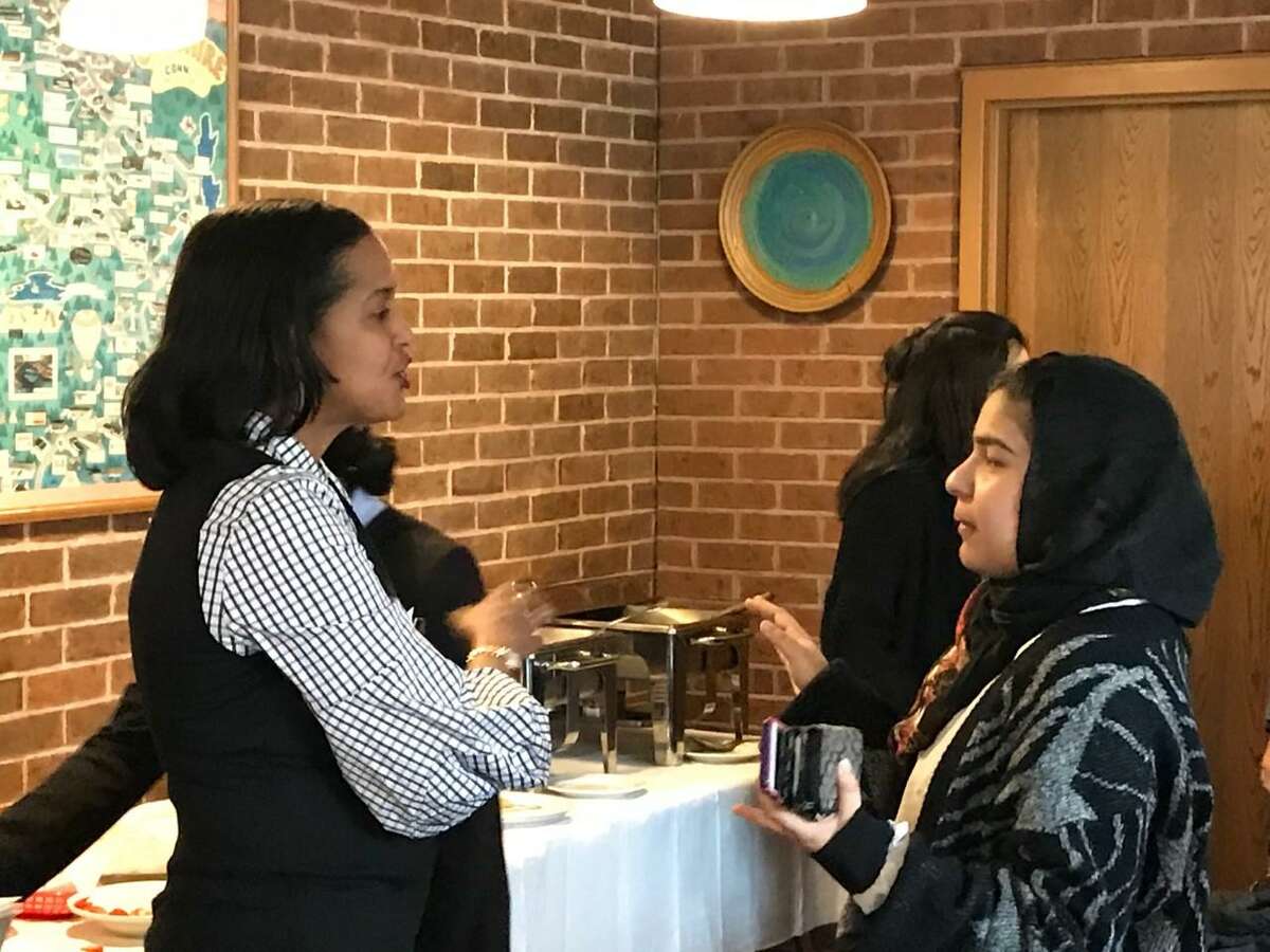 U.S. Rep. Jahana Hayes, D-5, talks with one of about 30 students who met with the congresswoman Tuesday in Cheshire.