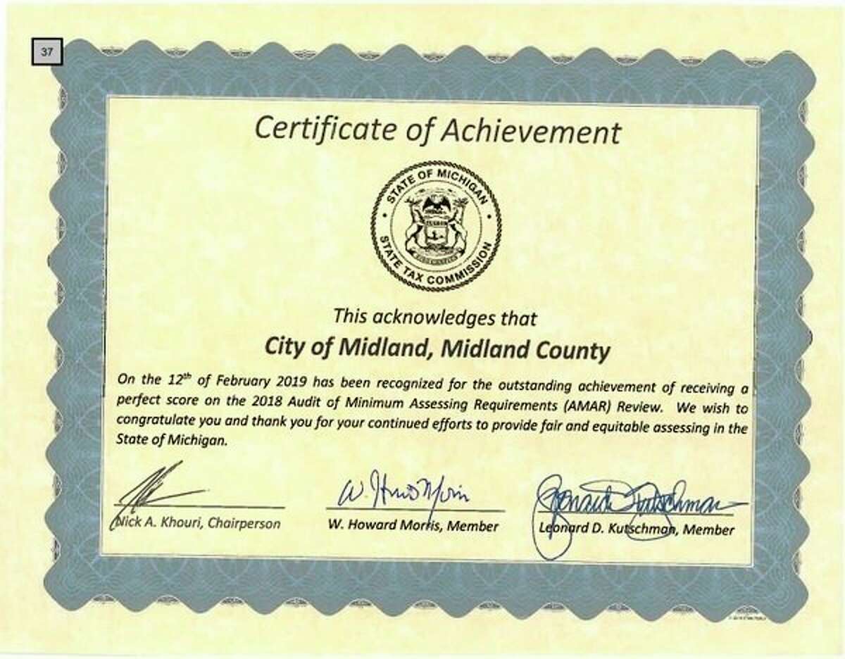The certificate awarded to the City of Midland, by the State of Michigan, recognizing the city's perfect score on the 2018 AMAR review.