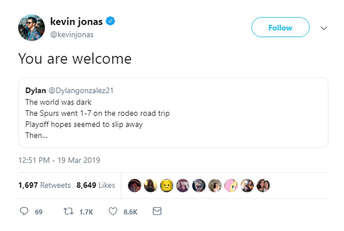 Kevin Jonas, the eldest of the siblings from Dallas, caught wind of the viral tweet he was mentioned in and replied with "You are welcome," sending hearts devoted to a dual fandom of the band and Spurs basketball into a tizzy.