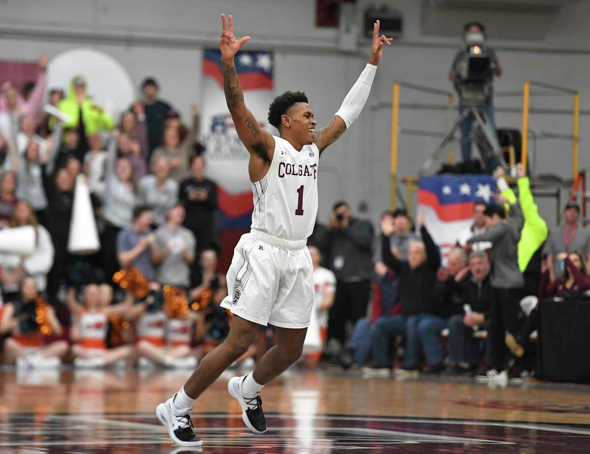 Colgate guard Jordan Burns celebrates a basket during the second half against Bucknell for the championship of the Patriot League men’s tournament in Hamilton, N.Y., on March 13, 2019.