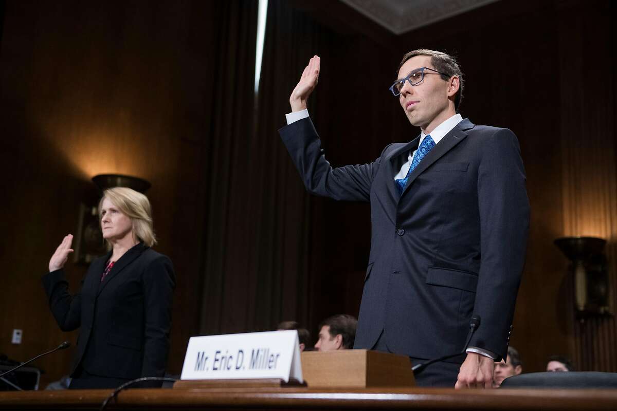 UNITED STATES - OCTOBER 24: Eric D. Miller and Bridget S. Bade, nominees to be U.S. Circuit judges for the 9th Circuit, are sworn in to a Senate Judiciary Committee hearing on judicial nominations in Dirksen Building on October 24, 2018. (Photo By Tom Williams/CQ Roll Call)
