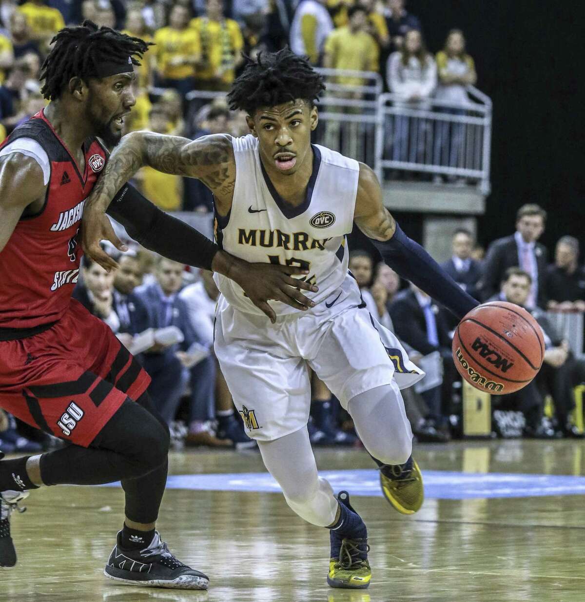 Murray State’s Ja Morant gets past Jacksonville Stat’'s Ty Hudson during the semifinals of the Ohio Valley Conference Championship on March 9 at the Ford Center in Evansville, Ind.