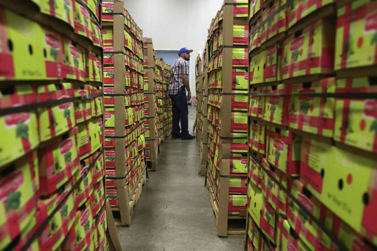 John Sandoval labels boxes of cucumbers from Mexico at the Keystone Cold Storage and Distribution in Pharr, Texas, Tuesday, Jan. 5, 2016. The port at Pharr is seeing an increase of produce from Mexico and is expected to surpass the Nogales, Arizona port in the imp oration of Mexican fresh produce.