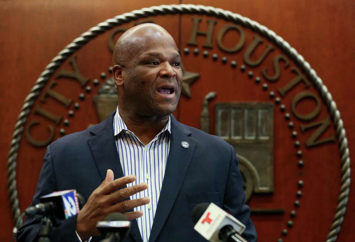 City Council Member Dwight Boykins talks to reporters about his opposition to the potential layoffs of Houston firefighters as the city moves toward implementation of voter-approved Proposition B during a press conference at the City Hall Annex building Friday, March 8, 2019.