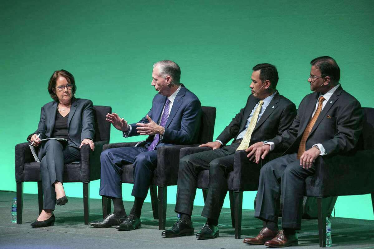 Petrochemical industry leaders speaking about how to end plastic waste at IHS Markit's World Petrochemical Conference in San Antonio, Texas. From Left to Right: Lynn Tattum (moderator), Vice President, Oil, Midstream, Downstream and Chemical, IHS Markit; Jim Fitterling, CEO, The Dow Chemical Co.; Datuk Sazali Hamzah, Managing Director, and CEO, Petronas Chemicals Group Berhad (PCG); and Deepak Parikh, President and CEO, Clariant Corp. North America.