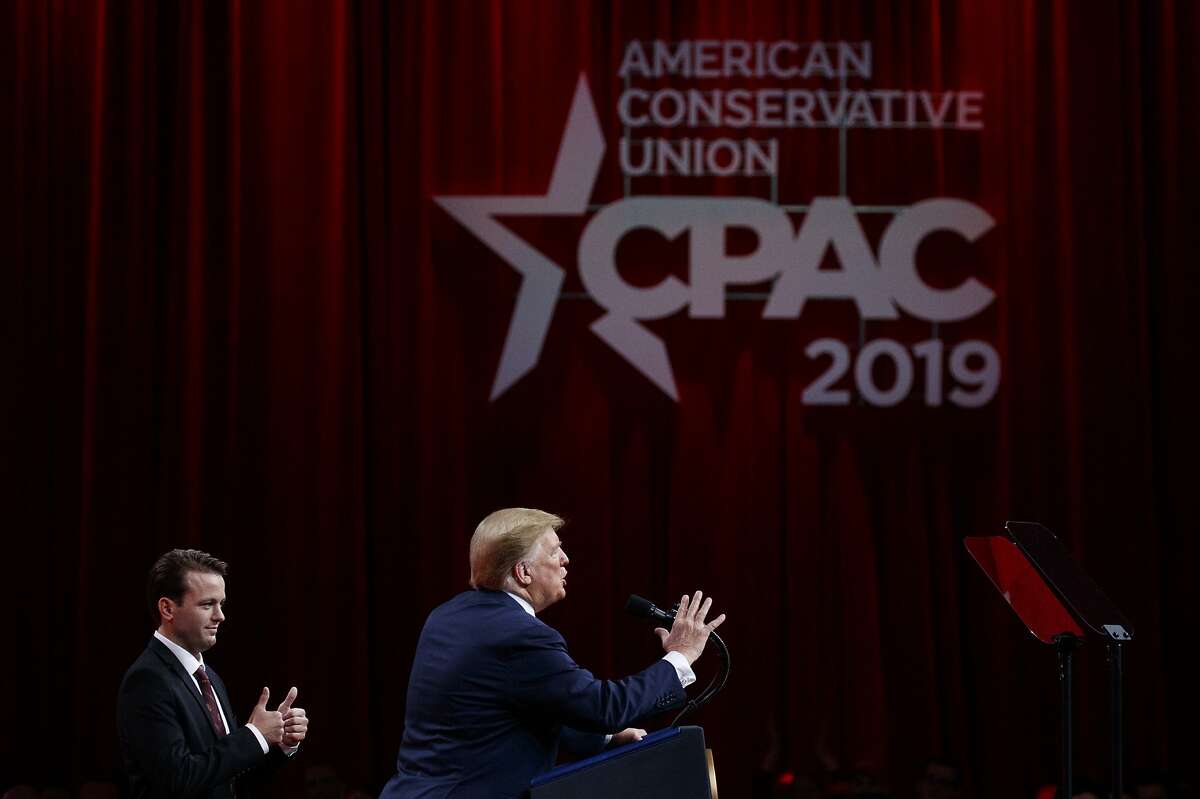 President Donald Trump, joined by conservative activist Hayden Williams, speaks at Conservative Political Action Conference, CPAC 2019, in Oxon Hill, Md., Saturday, March 2, 2019. (AP Photo/Carolyn Kaster)
