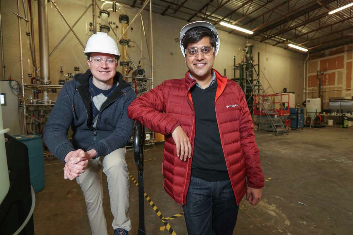 Sean Hunt (left), co-founder and chief technology officer of Solugen and Gaurab Chakrabarti, co-founder and CEO of Solugen Tuesday, March 5, 2019, in Houston. Solugen discovered part of a protein that can be used to make hydrogen peroxide. At room temperature and normal pressure, the company combines oxygen, water, sugar and a proprietary catalyst to create hydrogen peroxide.