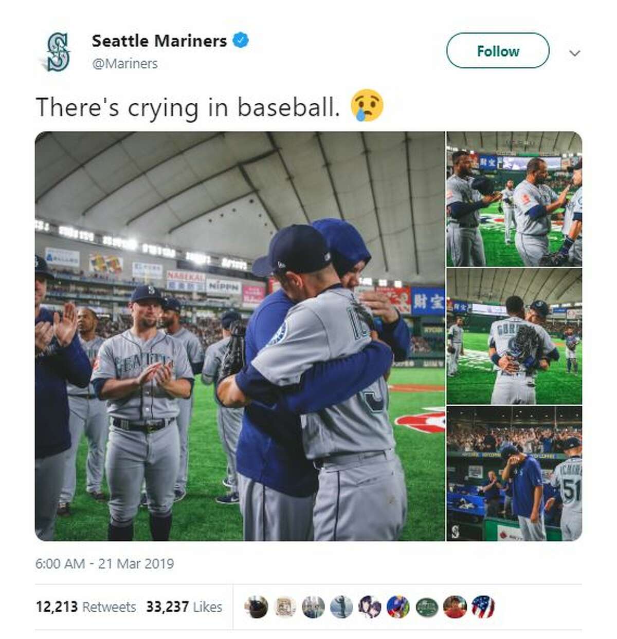 The Seattle Mariners tweeted images of teammates bidding Ichiro Suzuki farewell after he announced his retirement Thursday morning.