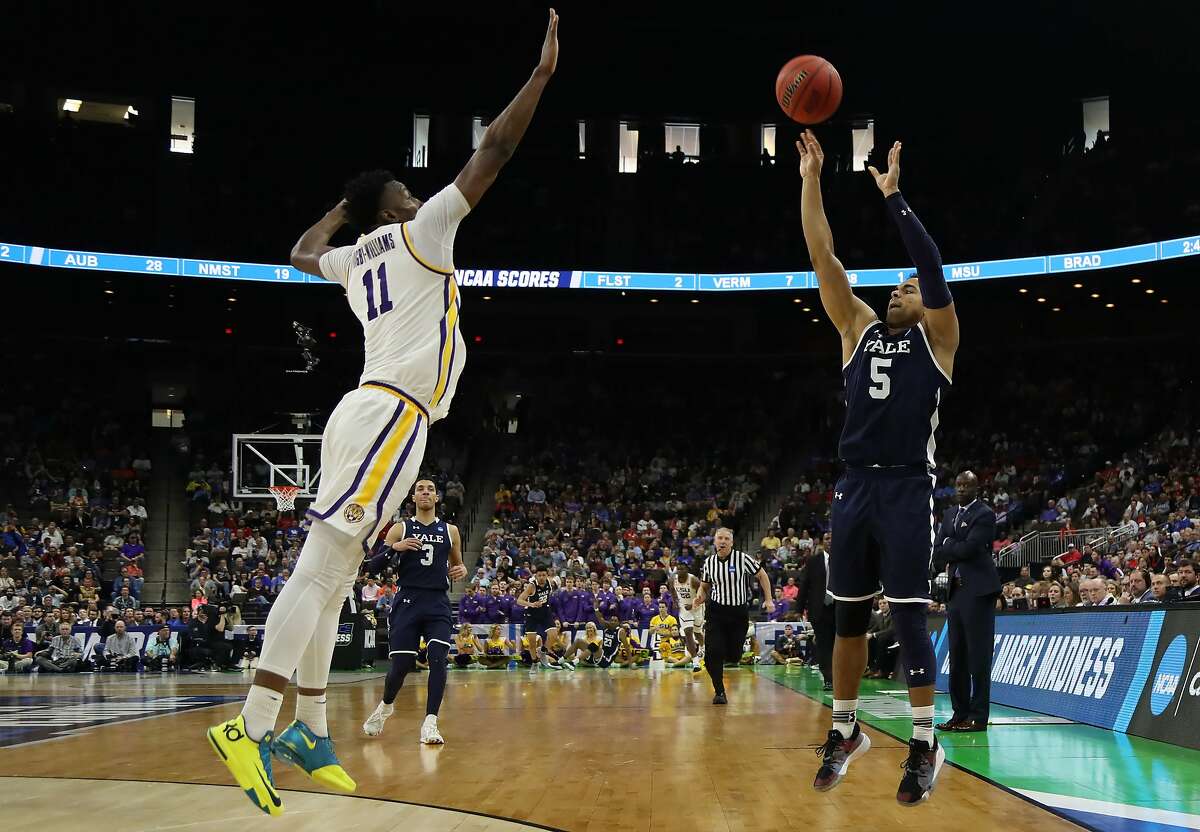 JACKSONVILLE, FLORIDA - MARCH 21: Azar Swain #5 of the Yale Bulldogs takes a shot against Kavell Bigby-Williams #11 of the LSU Tigers in the second half during the first round of the 2019 NCAA Men's Basketball Tournament at VyStar Jacksonville Veterans Memorial Arena on March 21, 2019 in Jacksonville, Florida. (Photo by Sam Greenwood/Getty Images)