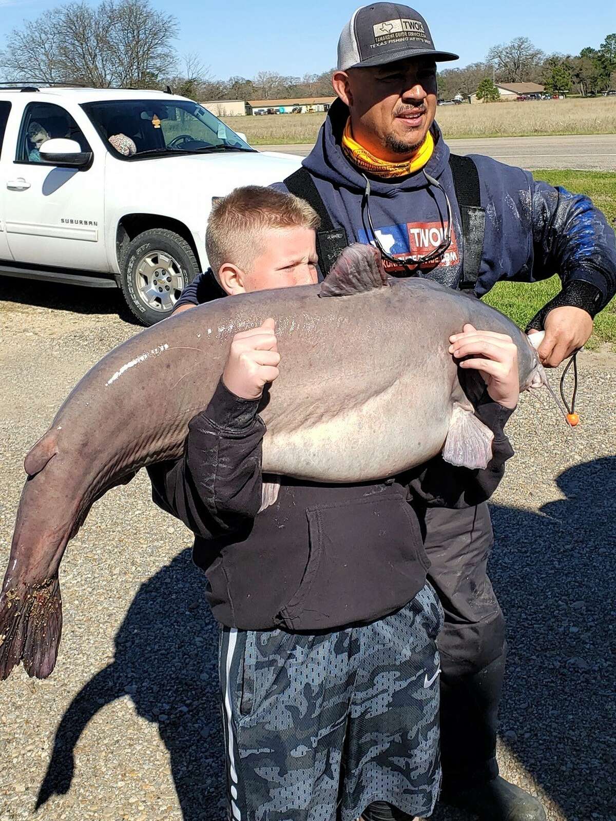 Brayden Rogers of Cisco hooked the massive blue catfish while fishing at Lake Tawakoni with Michael and Teri Littlejohn’s Guide Service.