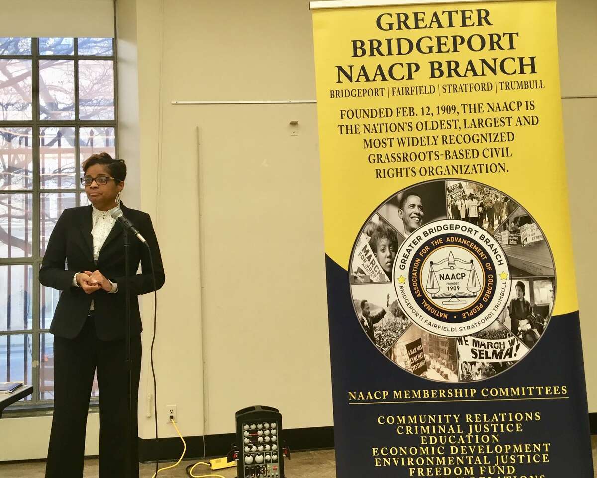 Bridgeport Schools Superintendent Aresta Johnson speaks at a community budget forum sponsored by the NAACP at the Bridgeport Library. Tuesday, March 19, 2019