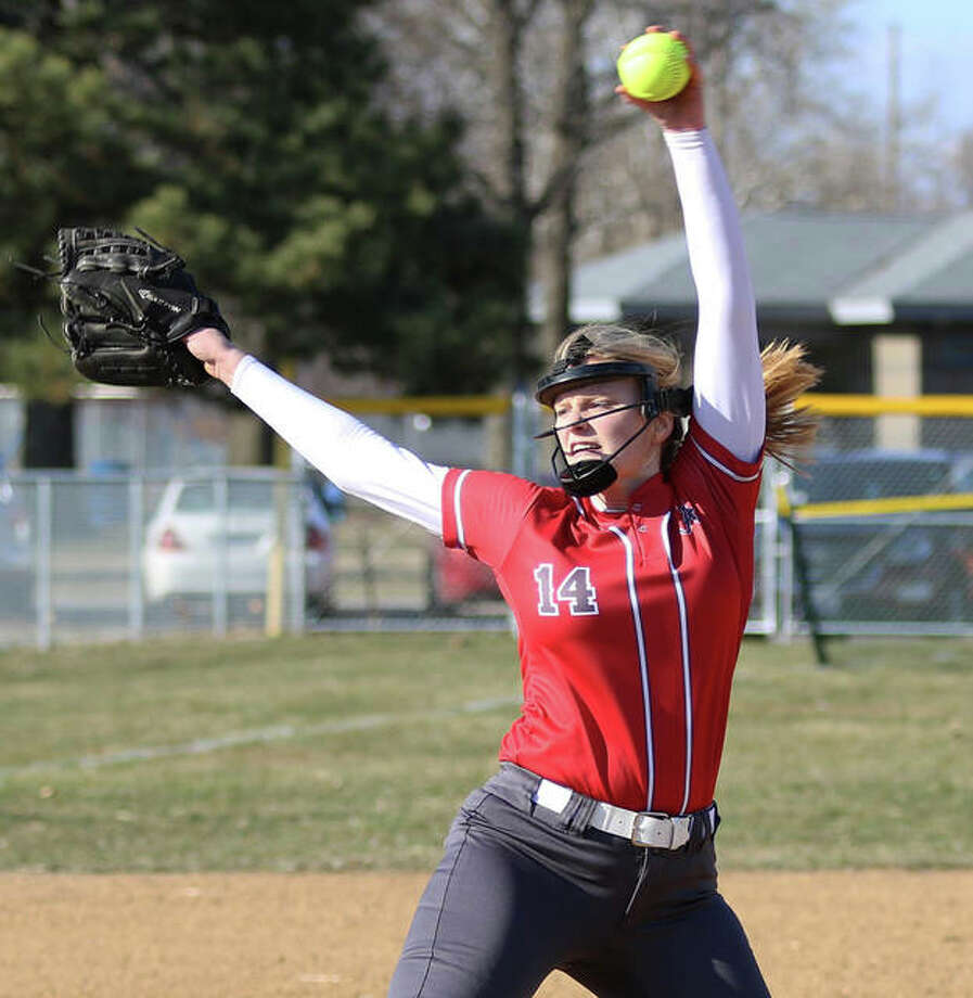 Alton pitcher Alyson Haegele delivers to the plate during her one-hit win over Roxana on Thursday at Roxana Park. Photo: Greg Shashack / The Telegraph