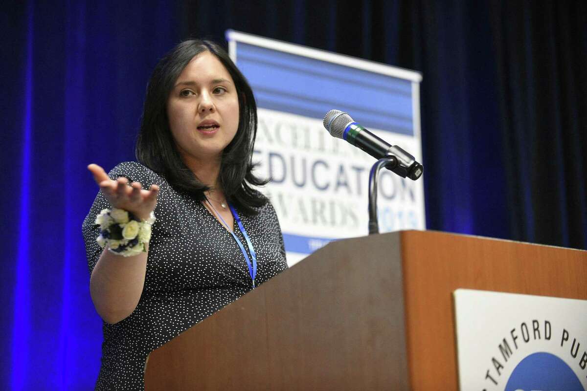 Katelyn Tavolacci, a Julia A. Stark Elementary School fifth-grade teacher addresses the audience attending the Stamford Public Education Foundation (SPEF) 2019 Excellence in Education Awards ceremony at the Sheraton Stamford Hotel in Stamford, Conn. on March 21, 2019. Tavolacci was recognized as the Stamford Public Schools Teacher of the Year.