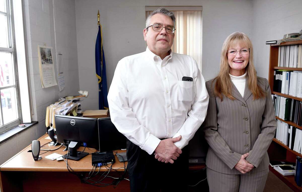 West Haven Finance Director Frank Cieplinski with Mayor Nancy Rossi on his first day on the job at West Haven City Hall Jan. 14, 2019.