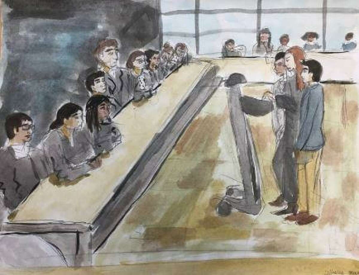 Artist rendering by Academy of Information Technology and Engineering senior Catie Massa of a mock Supreme Court trial held at the school on Feb. 25.