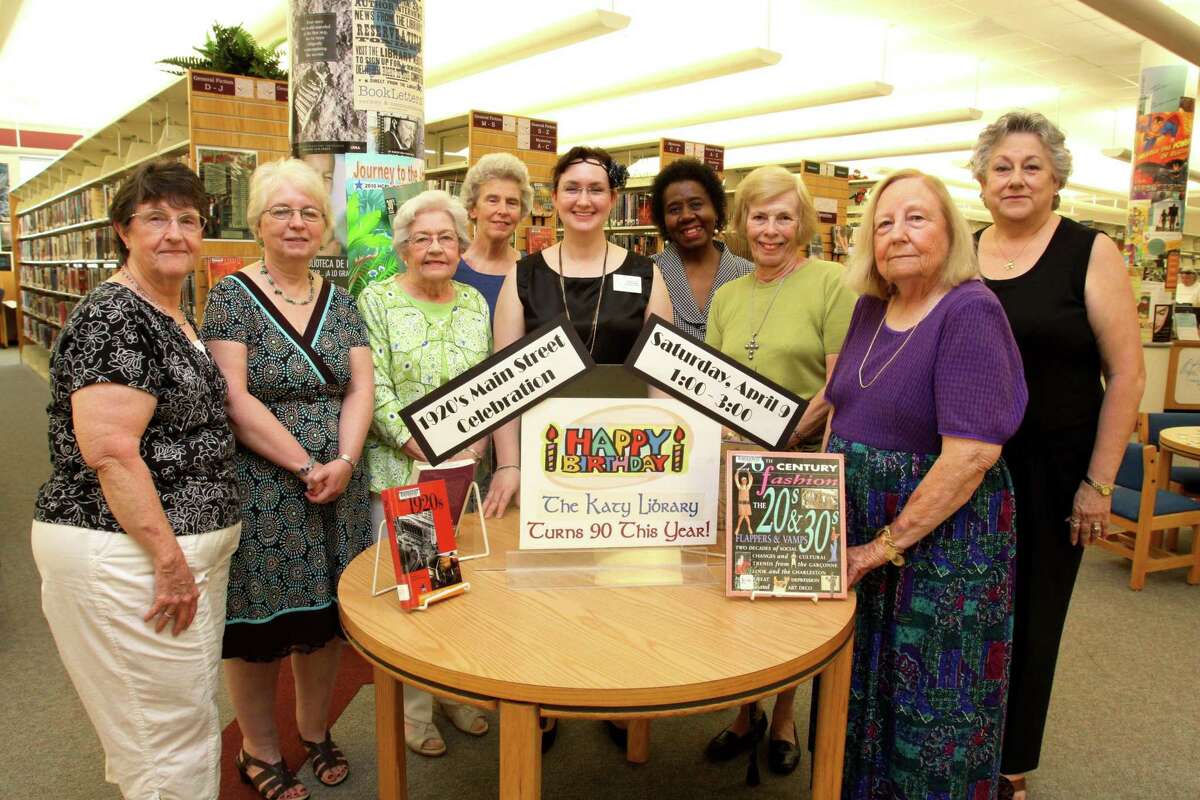 Katy Branch Library at 5414 Franz Road celebrated its 90th birthday with a reception on April 9, 2011. From left are Marjorie Reese, Lin Kimball, Dorothy Scott, Joanne Shaffer, Angel Hill, librarian; Myrtle Ross, Nancy Condry, Dorothy Bing and Pat Kowzie.
