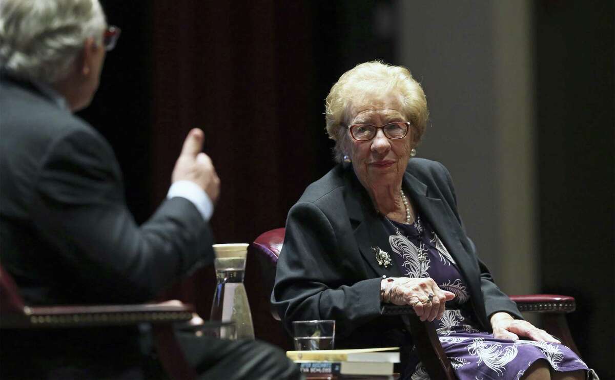 Eva Schloss, Ann Frank's childhood friend and stepsister, is interviewed by Bob Rivard at Trinity University's Laurie Auditorium on March 19, 2019.