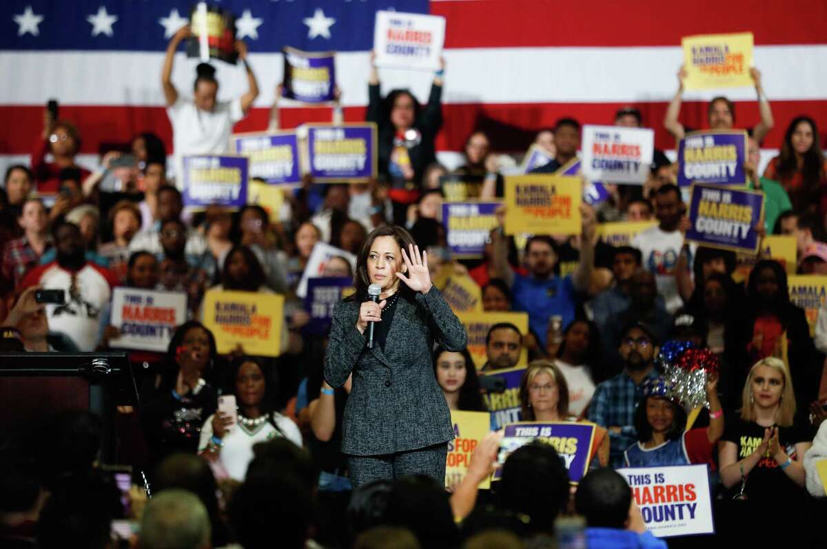 Kamala Harris speaks at Texas Southern University’s Rec center during her rally as she runs for president, Saturday, March 22, 2019, in Houston.
