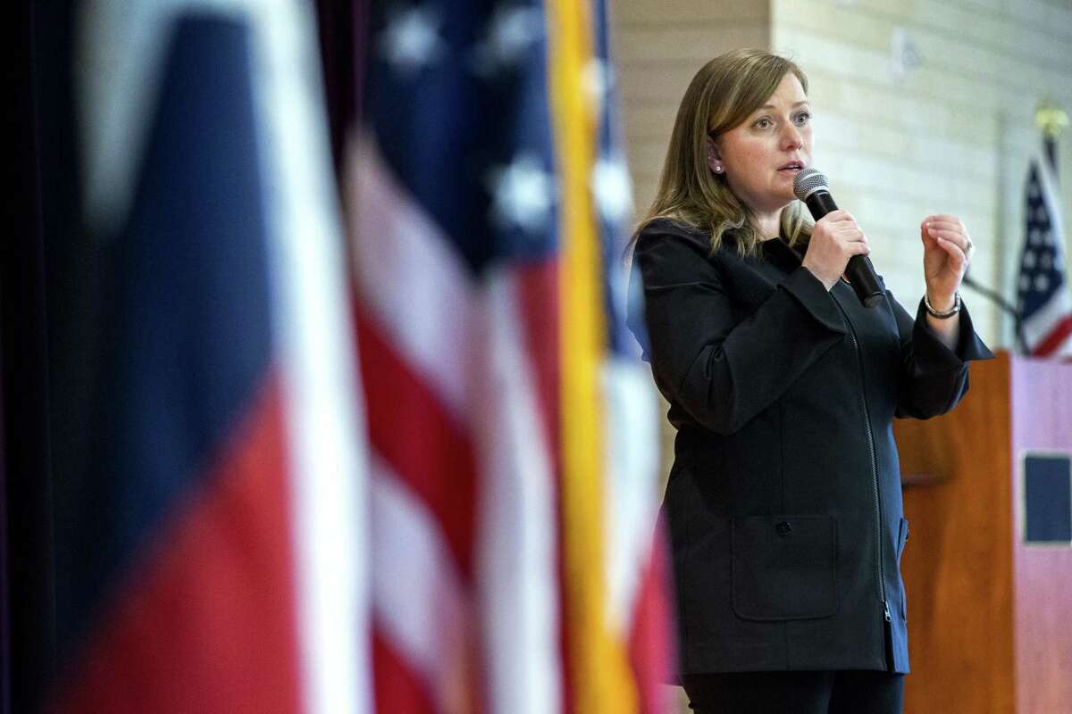 Rep. Lizzie Fletcher, D-Texas, speaks to constituents of the 7th Congressional District during a town hall meeting at Frostwood Elementary School on Saturday, March 23, 2019, in Houston.