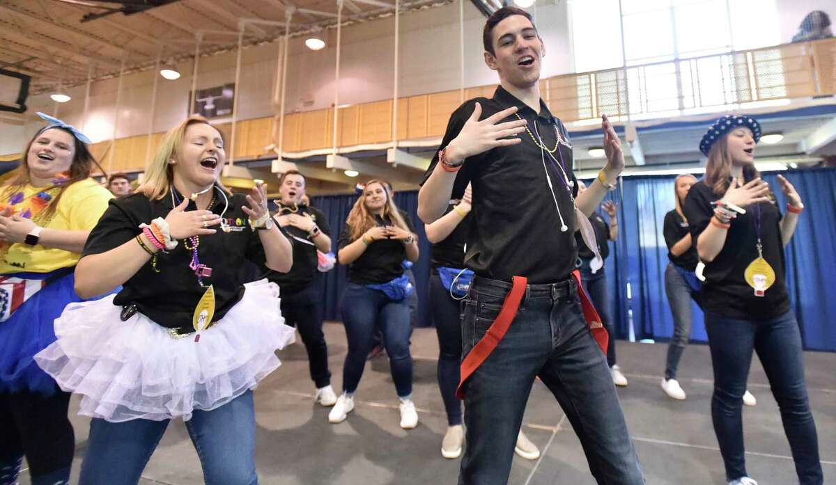 Hamden, Connecticut - Saturday, March 23, 2019: Quinnipiac University students dance for 10-hours Saturday in the school's Athletic Center in Hamden during QTHON, who are attempting to raise $323,000 for the Connecticut Children's Medical Center, a comprehensive pediatric hospital in Hartford.