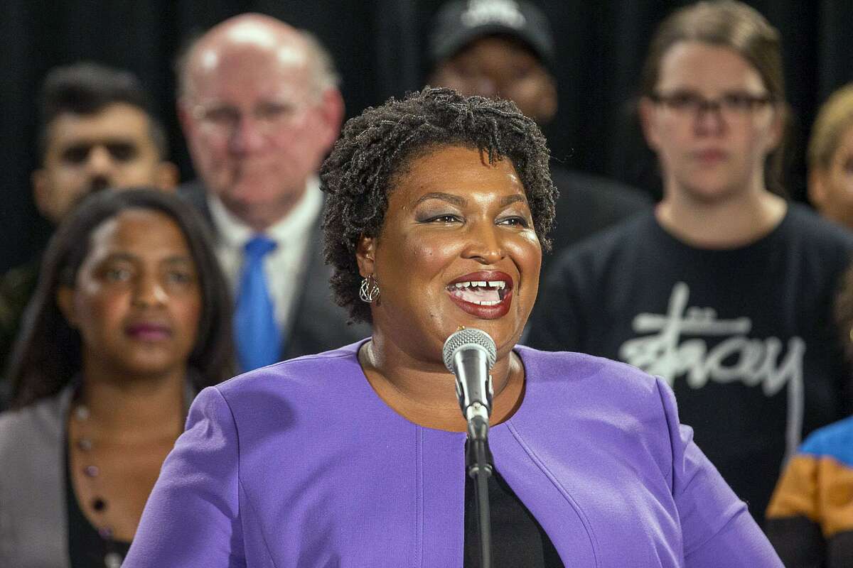 Former Georgia gubernatorial candidate Stacey Abrams makes remarks during a press conference at the Abrams Headquarters in Atlanta.