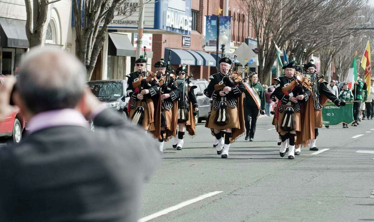 Members of the Celtic Cross Pipes and Drums march along Main Street in the Danbury St. Patrick's Day Parade. Sunday, March 24, 2019