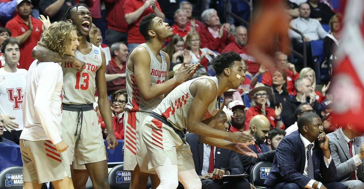 Houston Cougars bench celebrates Houston's win over Ohio State during the second round of NCAA playoffs at BOK Center in Tulsa on Sunday, March 24, 2019.