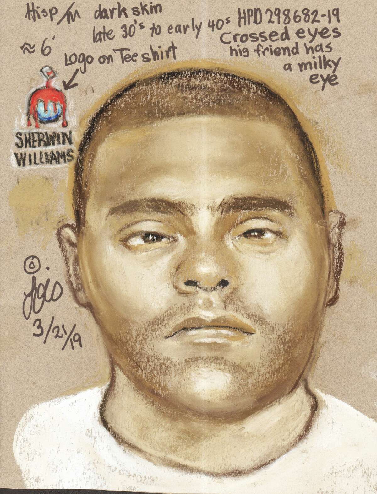 The Houston Police Department is searching for a cross-eyed suspect accused of killing two outside a bar March 9, 2019. Anyone with information is urged to call HPD’s homicide detectives at 713-308-3600 or Houston Crime Stoppers at 713-222-TIPS (8477).