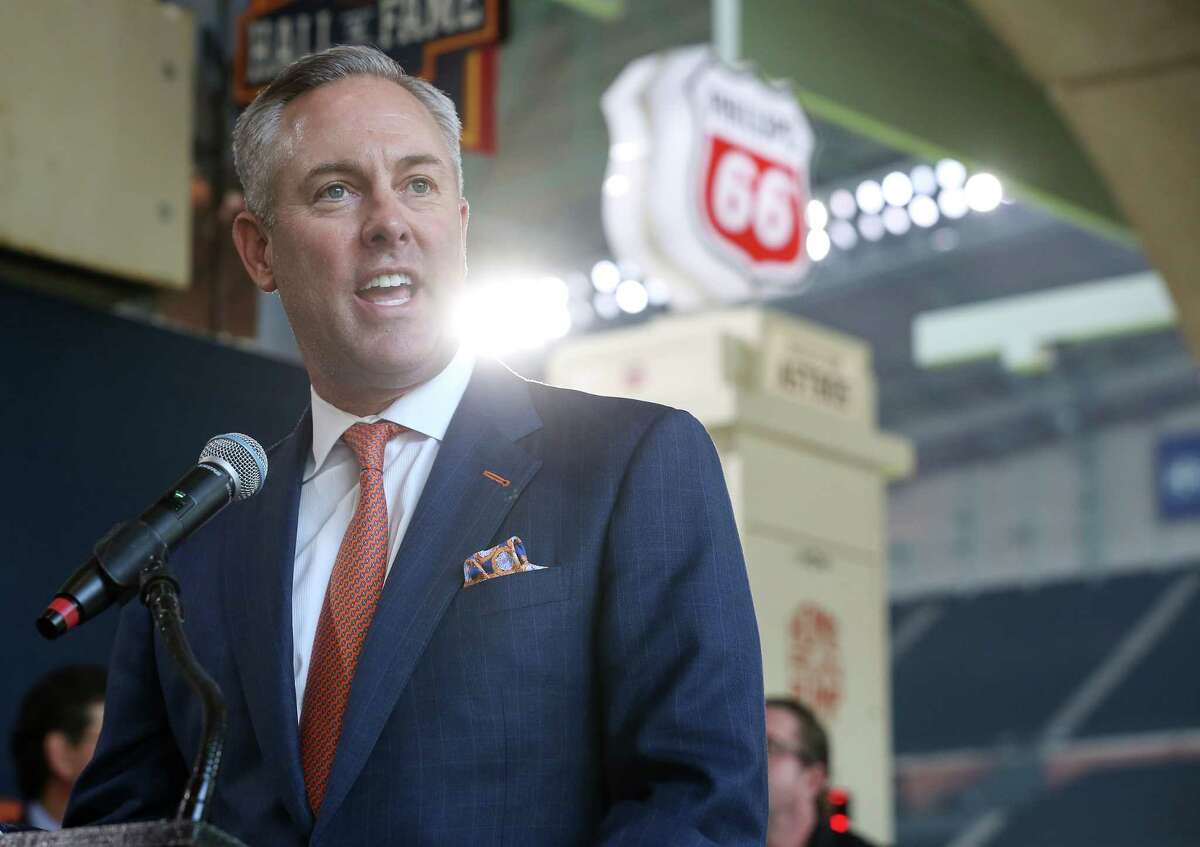 Reid Ryan, Houston Astros president of business operations, talks about the opening of the Houston Astros Hall of Fame Alley at Minute Maid Park on Monday, March 25, 2019, in Houston.