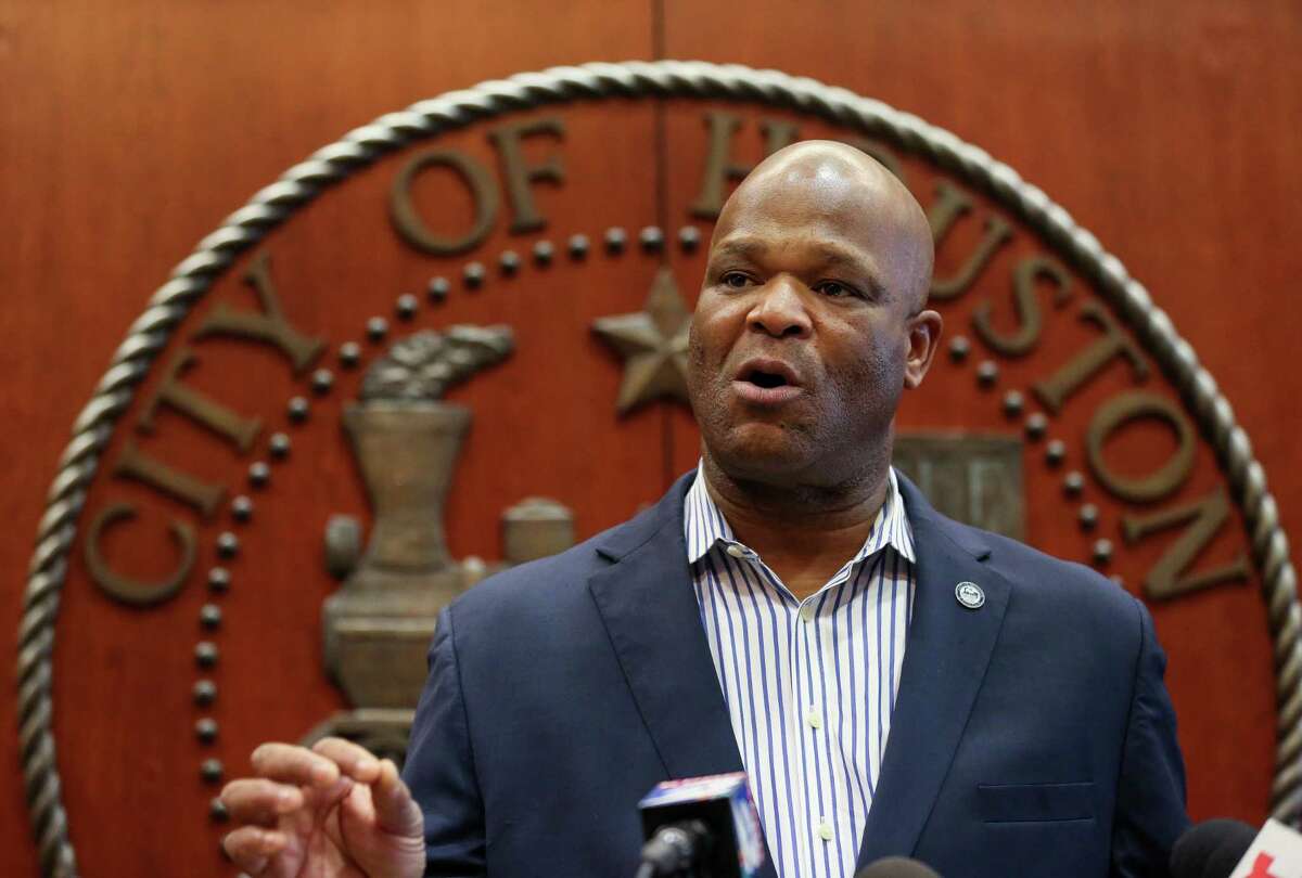City Council Member Dwight Boykins talks to reporters about his opposition to the potential layoffs of Houston firefighters as the city moves toward implementation of Proposition B during a press conference at the City Hall Annex building Friday, March 8, 2019.